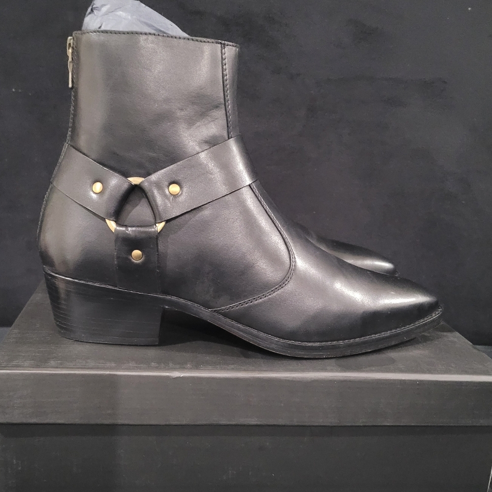 Straight To Hell-Libertine – Black and Brass Leather Harness Boots